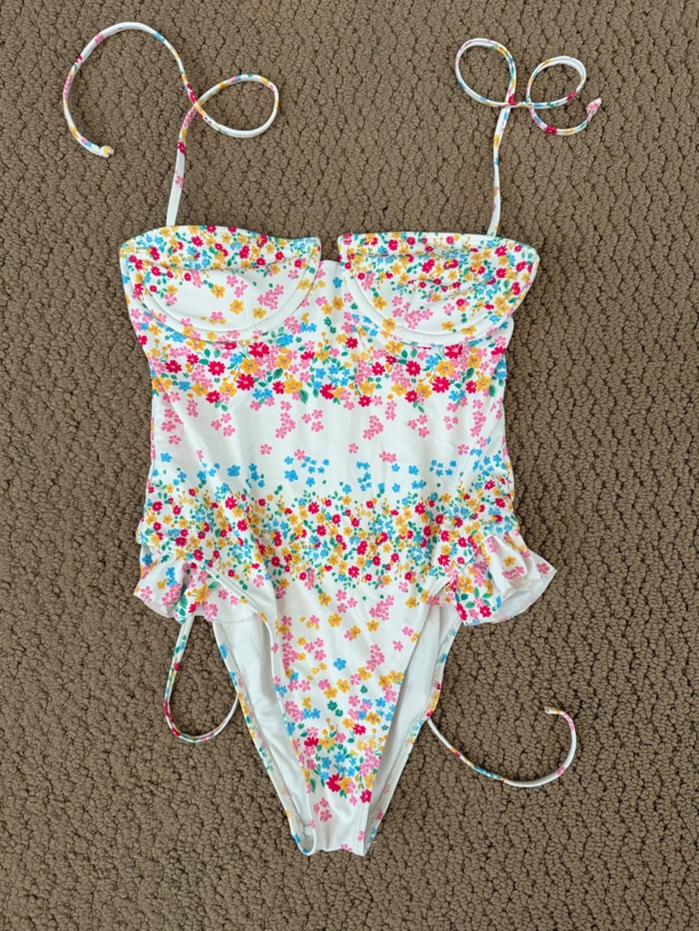 Forever 21 White Floral One-Piece Swimsuit with Pink, Blue, Yellow Flowers